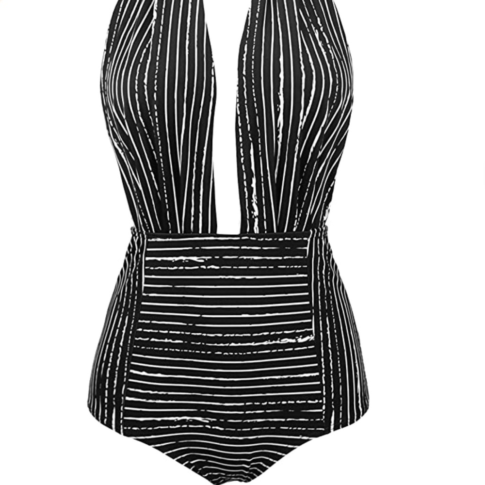 Cocoship black striped pinup retro style one piece swimsuit 2X